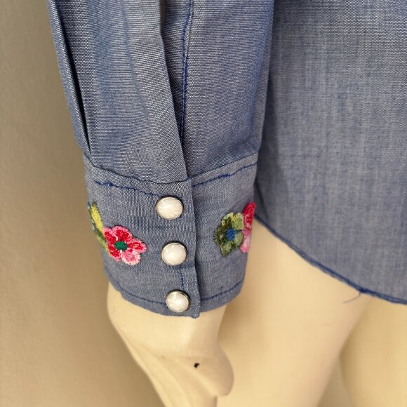 VTG 70s Floral Embroidered Pearl Snap Western Shirt  READ DESCRIPTION SZ L SLIM - Picture 5 of 9